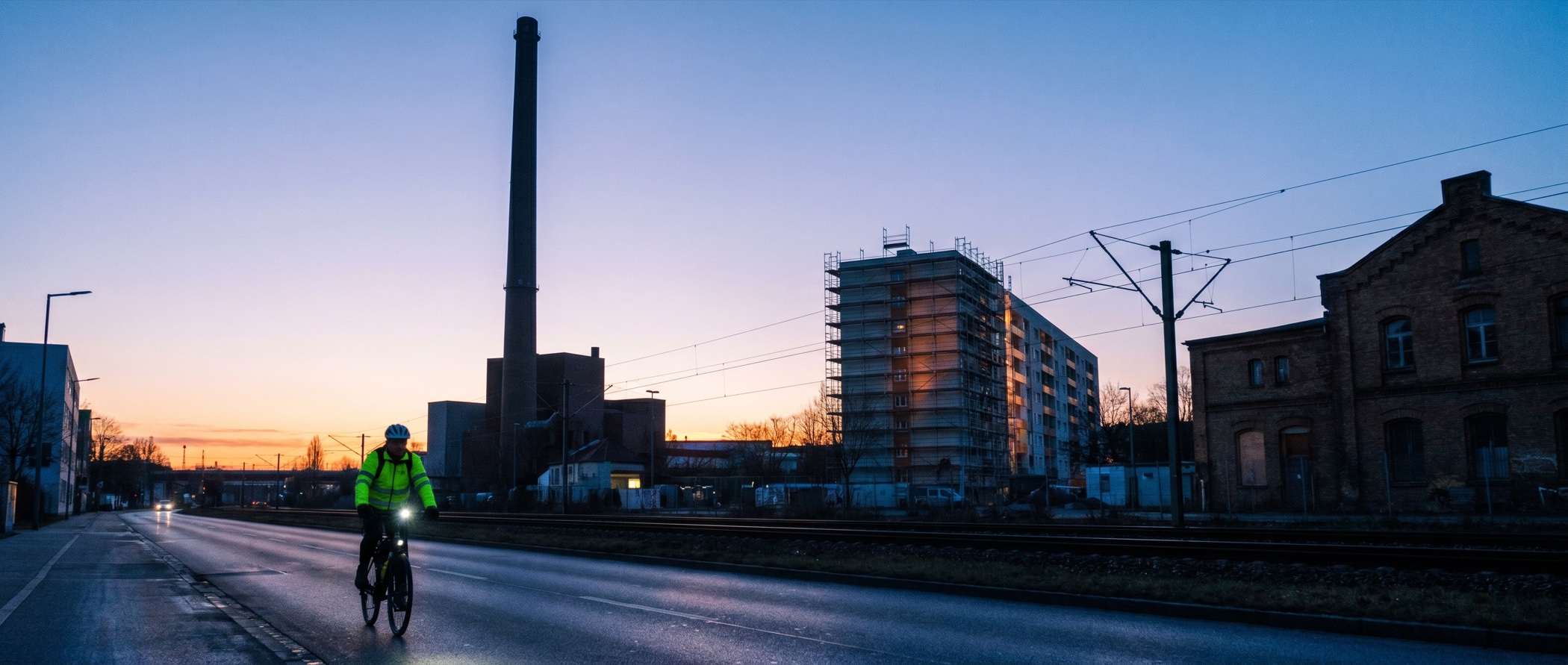 Mníchovské priemyselné okrajové štvrte za úsvitu so stavbou